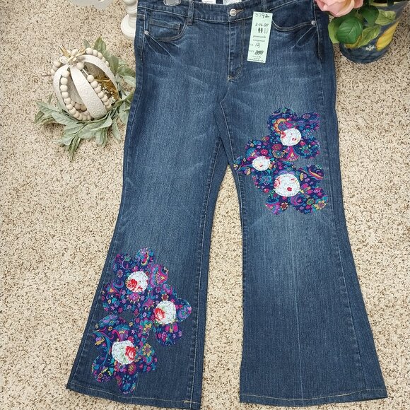 Handmade Denim - 3792 Size 12 Upcycled White House Black Market with Applique Flowers.
